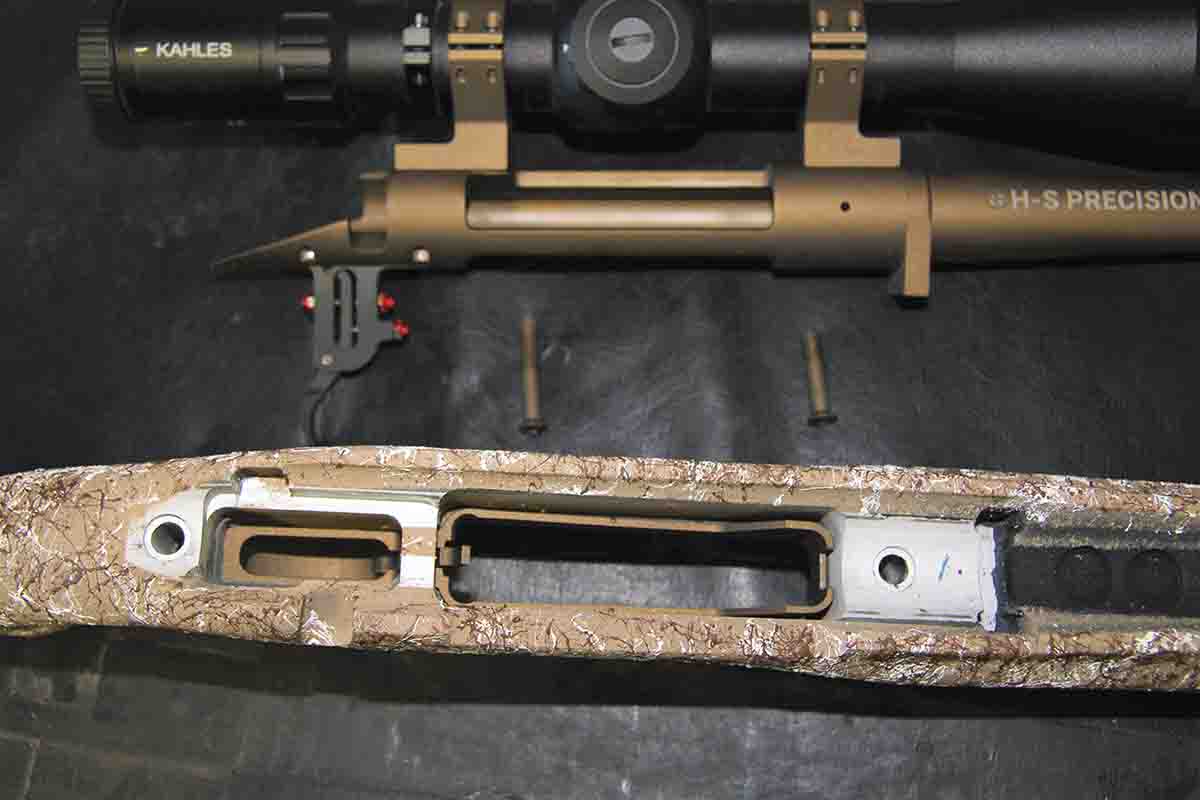 Part of H-S Precision’s reputation for tight-shooting rifles comes through its custom composite stocks with aluminum bedding blocks and pillars. They require no bedding to create a tight interface.